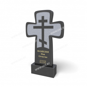 Вертикальный гранитный памятник черного цвета в форме креста с округлыми краями и выделенным серым фоном в центре